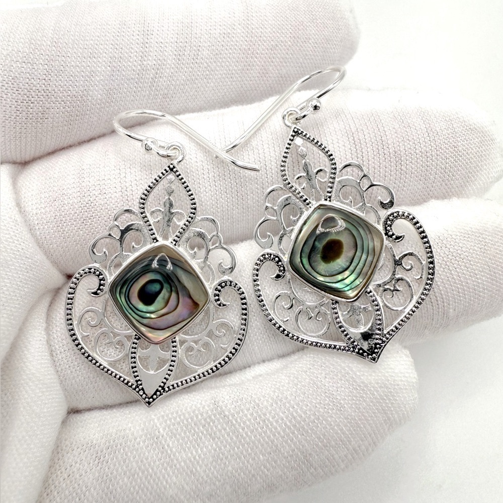 Abalone Filigree Design .925 Sterling Silver Dangle Earrings